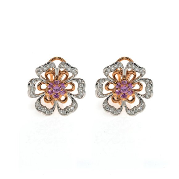 Luca Carati Pink Sapphire and Diamond Flower Earrings 18K Rose & White Gold - Picture 3 of 4